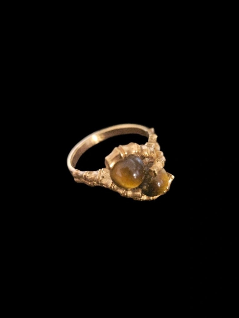 Vintage Uncas 18KT HGE Twin Tiger's Eye Bamboo Bypass Cocktail Ring - Size 8